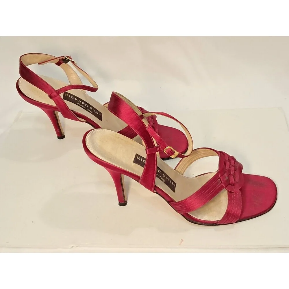 Rickard Shah Size 40 EU/9 US Open-Toe Satin Heels Sandals Red 4